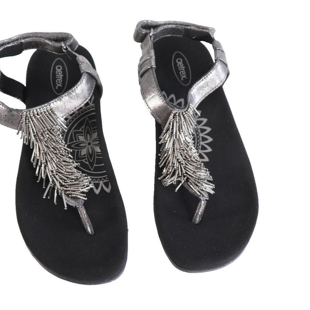 Aetrex Portia Women US 8.5 Black Fringe Beaded Fringe Slingback Thong Sandal NEW